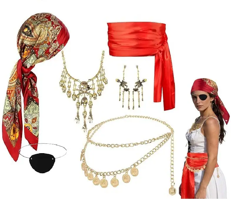 Halloween Damen Piraten Kostüm Zubehör Set Bandana Totenkopf Halskette