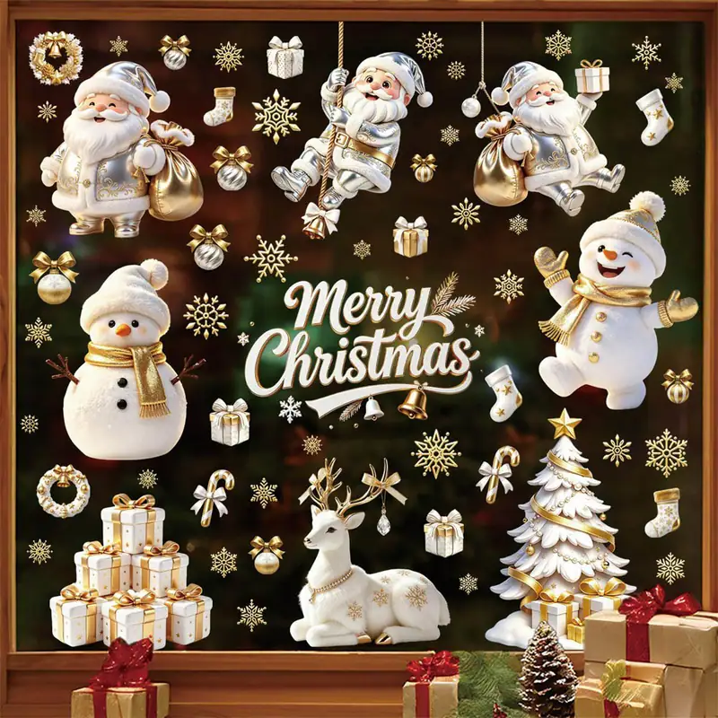 95x Weihnachten Fenster Aufkleber Klammern Gold Splitter Santa Aufkleber Wand