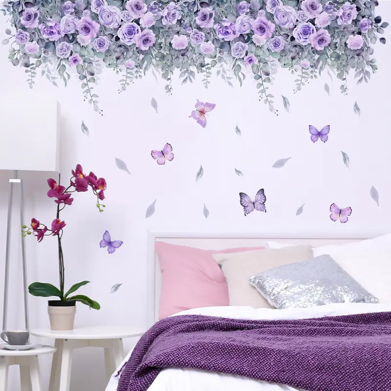 Romantische lila Blumen Wandaufkleber Schmetterling Blätter Wohndeko
