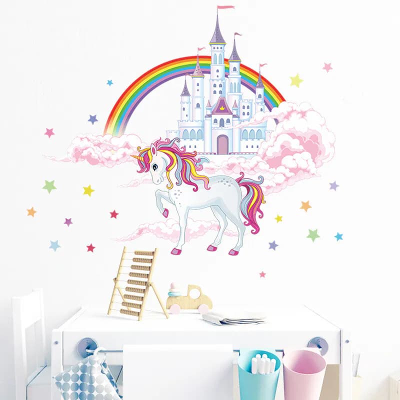 Fee Einhorn Wandsticker groß Kinder Mädchen Regenbogen rosa Schloss