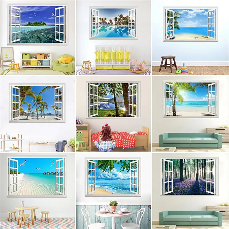 Riesige Fenster 3D Strand Wald Wandaufkleber Landschaft Kunst Wandbild