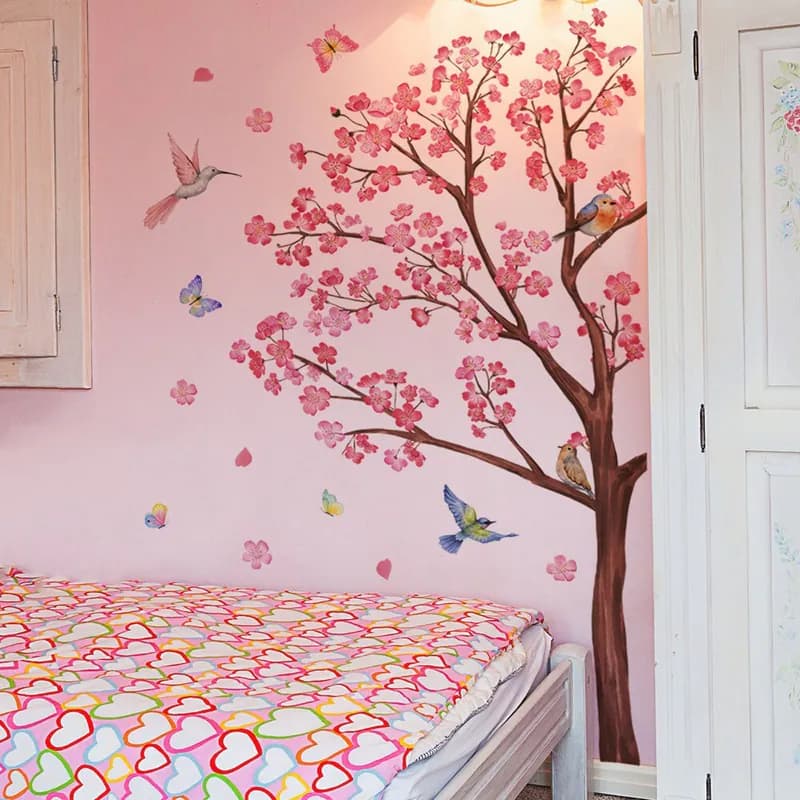 Große rosa Blume Zweig Wandaufkleber Vögel Schmetterling Wandtattoo abnehmbar