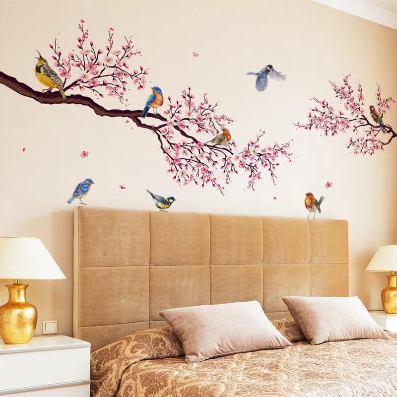 Großer Kirschblütenzweig Wandaufkleber rosa Blume Vogel Wandtattoo abnehmbar