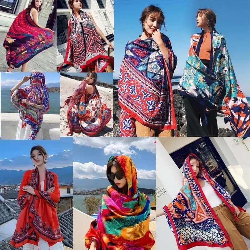 Oversize Boho Schal für Damen Blumen Print Schal Warm Decke Fransen Tuch
