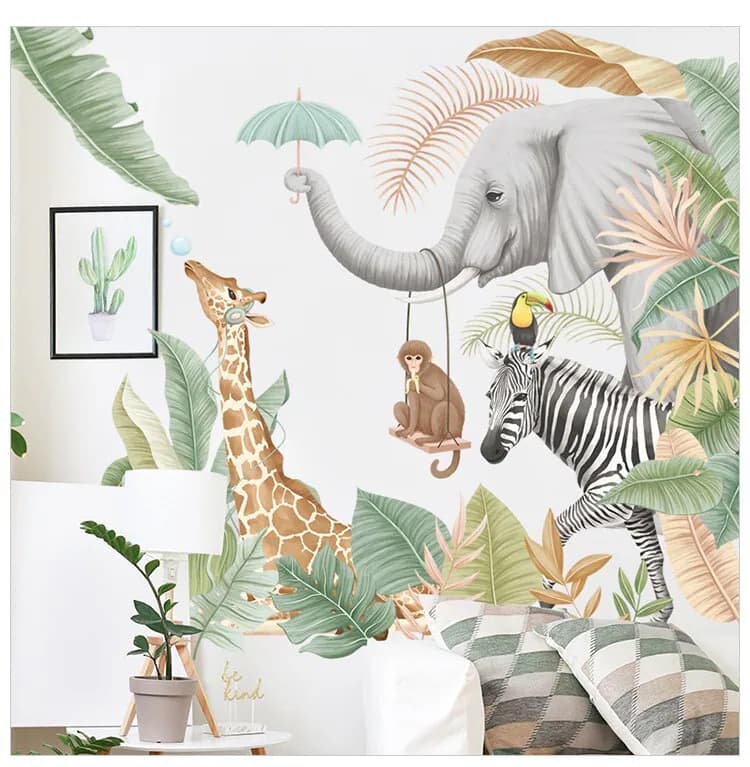 Happy Jungle Tier Aufkleber Giraffe Elefant Wandsticker Kinderzimmer Zimmer Deko