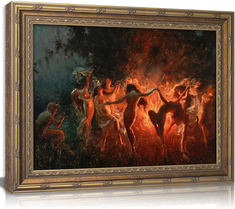 Vintage Gold gerahmtes gotisches Wandbild, Feuertanz Ölgemälde Leinwandbilder,