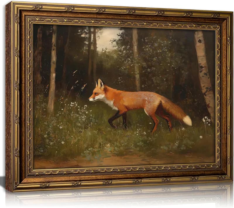 Vintage Gold gerahmtes Rotfuchs Wandbild, Wald Wildfuchs Ölgemälde