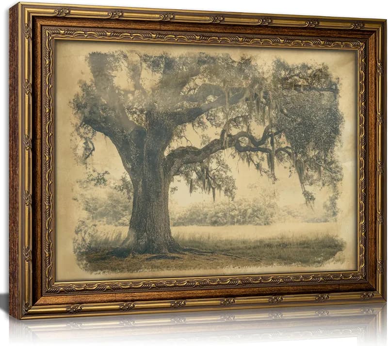 Vintage Wandbild Baum mit Goldrahmen, Antik Eiche Wald Landschaft Leinwand Prin
