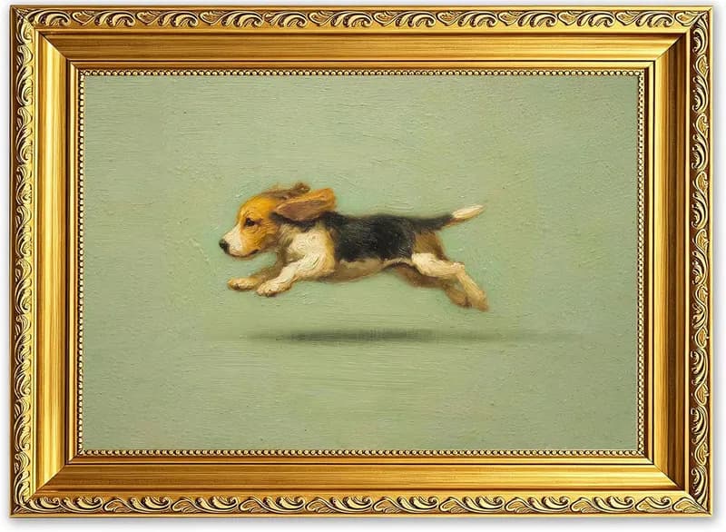 Vintage Gold gerahmter laufender Beagle Hund Leinwand Wandbild 11 x 9 Zoll