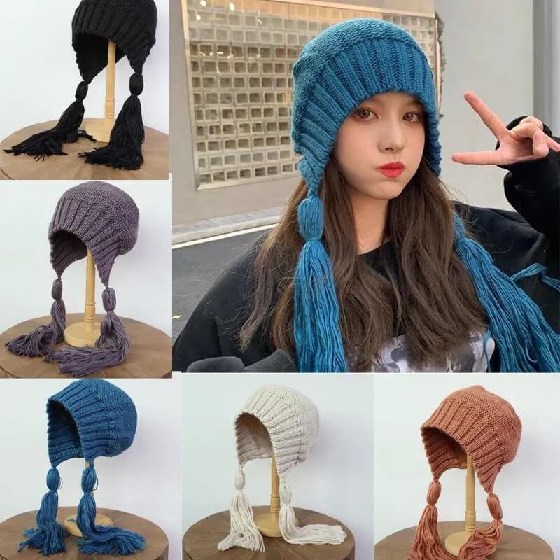 Stylische Damen Mütze lang Zöpfe Winter dick Strickmütze Ohrenklappe Häkelmütze