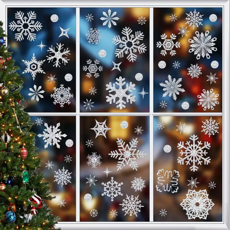 93 Stück Glitzer Weihnachten Fenster Deko Aufkleber Schneeflocke Türklammer