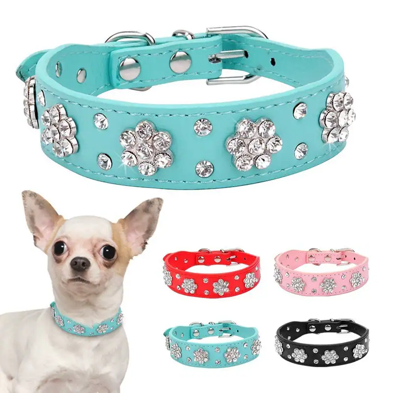 Bling Kristall Hundehalsband PU Leder Strass Blume Diamant Katze Welpe Haustier