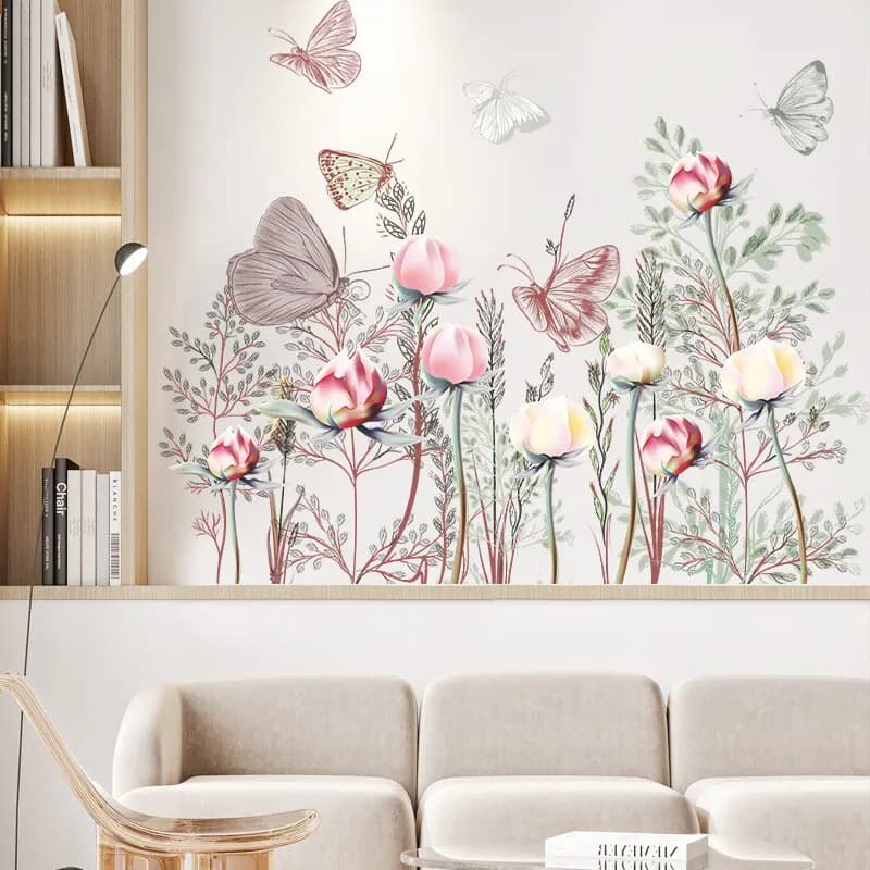 Große Blumen Wandaufkleber Schmetterlinge Floral Kinderzimmer Wandbild
