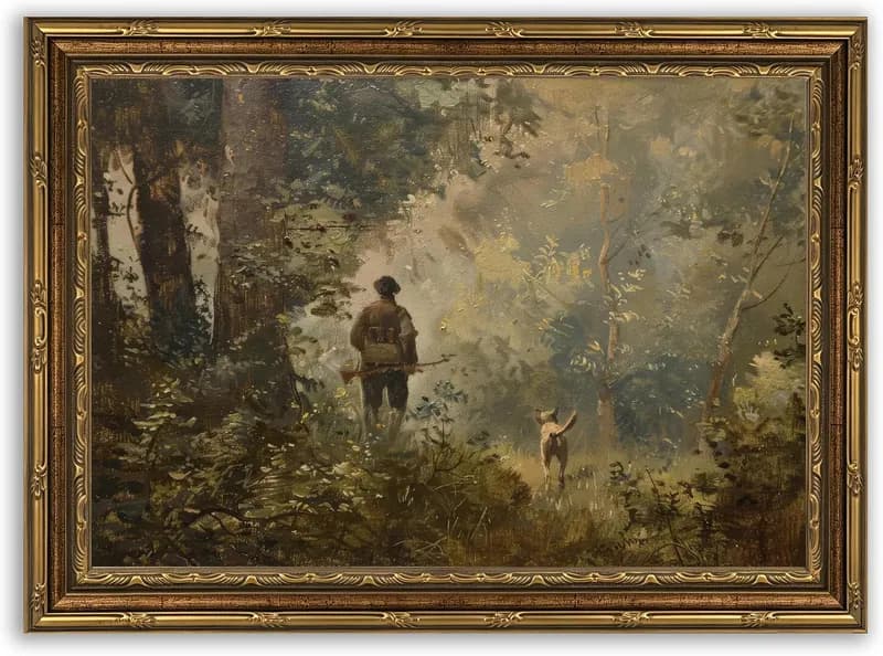 Vintage Goldrahmen Jagd Leinwand Wandbild Jäger und Hund im Wald Wanddeko