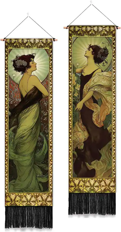 2 Stück Mucha Figuren Wandteppich Vintage vertikal Wandbehang mit Quasten DE