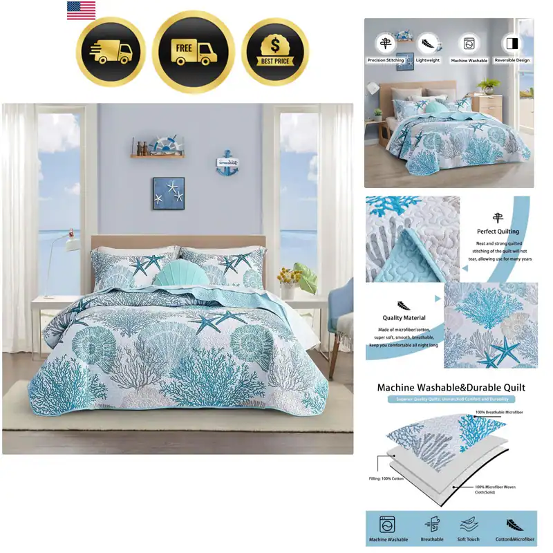 Coastal Quilt Set Full Queen Mikrofaser Strandbettwäsche Maritim 3-teilig