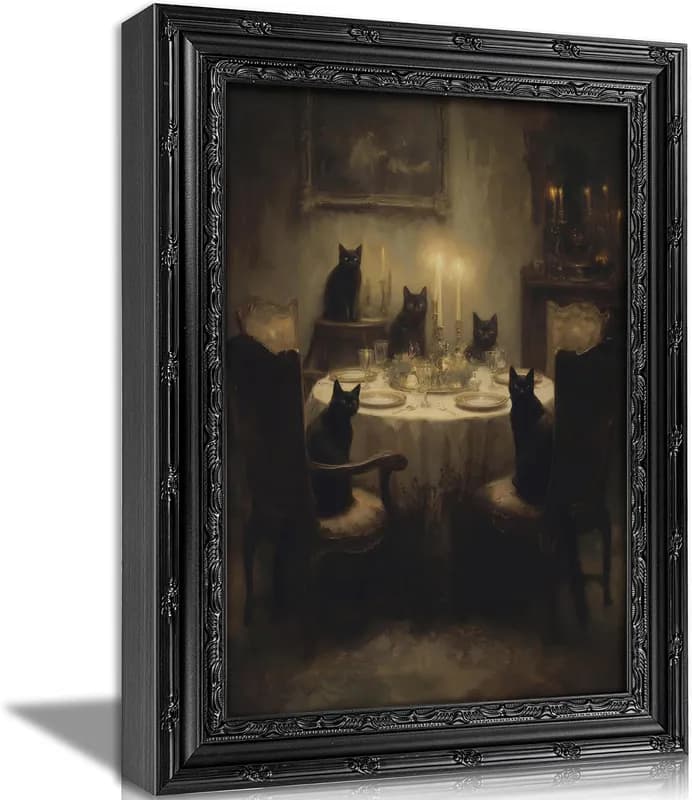 Gerahmtes Vintage Black Cat Abendessen Wandbild, Gothic Katzenfest
