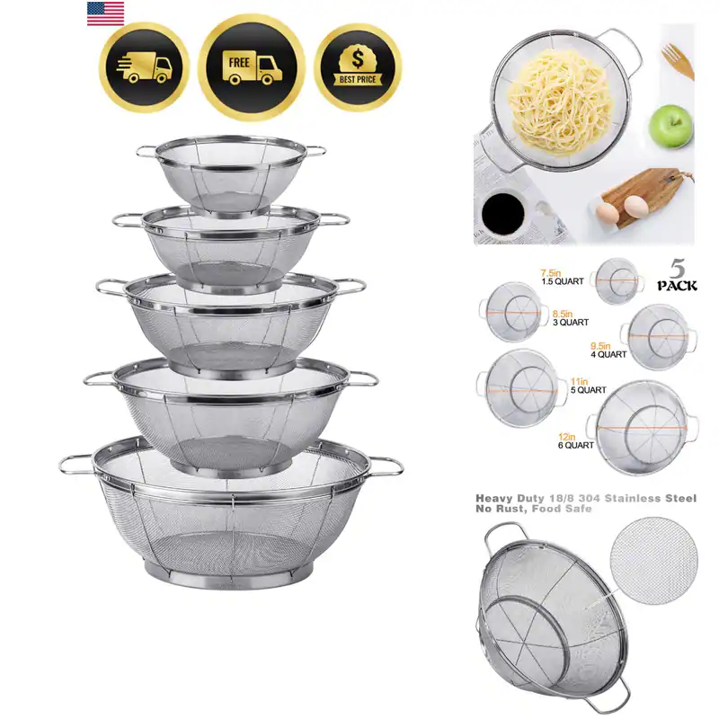 Sieb Set 5er Pack Edelstahl Gitter Sieb Abtropfflächen für Pasta Gemüse