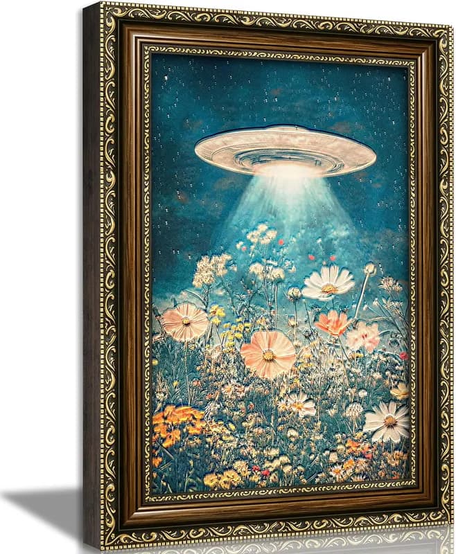 Vintage schrulliges Wandbild, Ufo Kunst Dekor, gerahmte Textur Gemälde