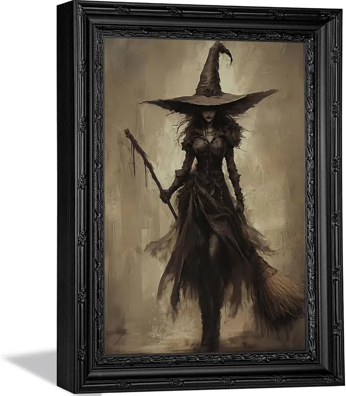 Gerahmtes Vintage Hexe Leinwand Wandbild, Halloween Bild Wanddeko