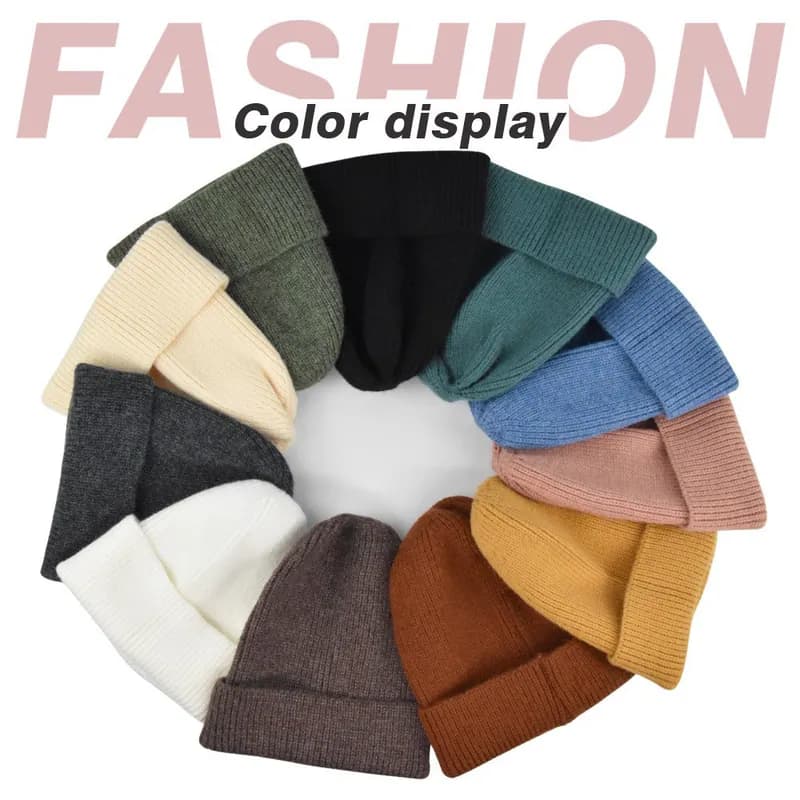 Warme Wollige Strickmütze mit Bündchen Strickmütze Einfarbig Herren Damen Mütze