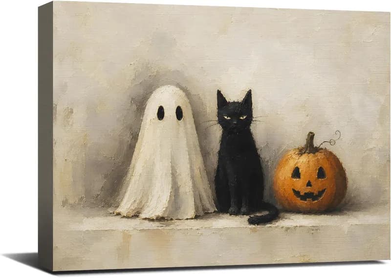 Herbst Halloween Geist schwarze Katze Wandbild dunkle Akademie gerahmte Leinwand
