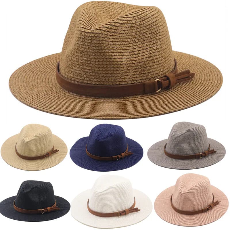 Unisex Herren Damen Breite Krempe Panama Fedora Sonnenhut Faltbar Lederband