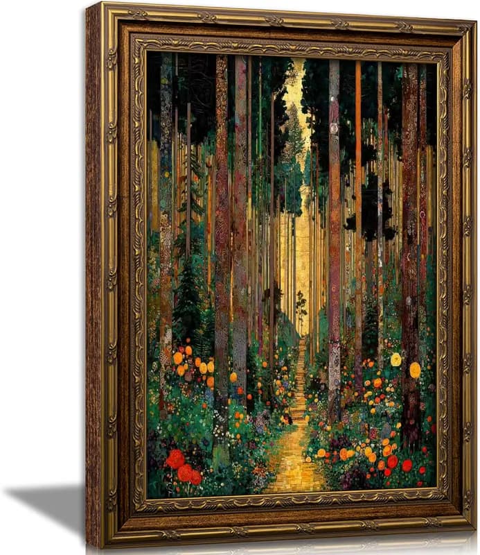 Vintage Wandbild Wald mit Goldrahmen, Baumweg Jugendstil, Abstrak