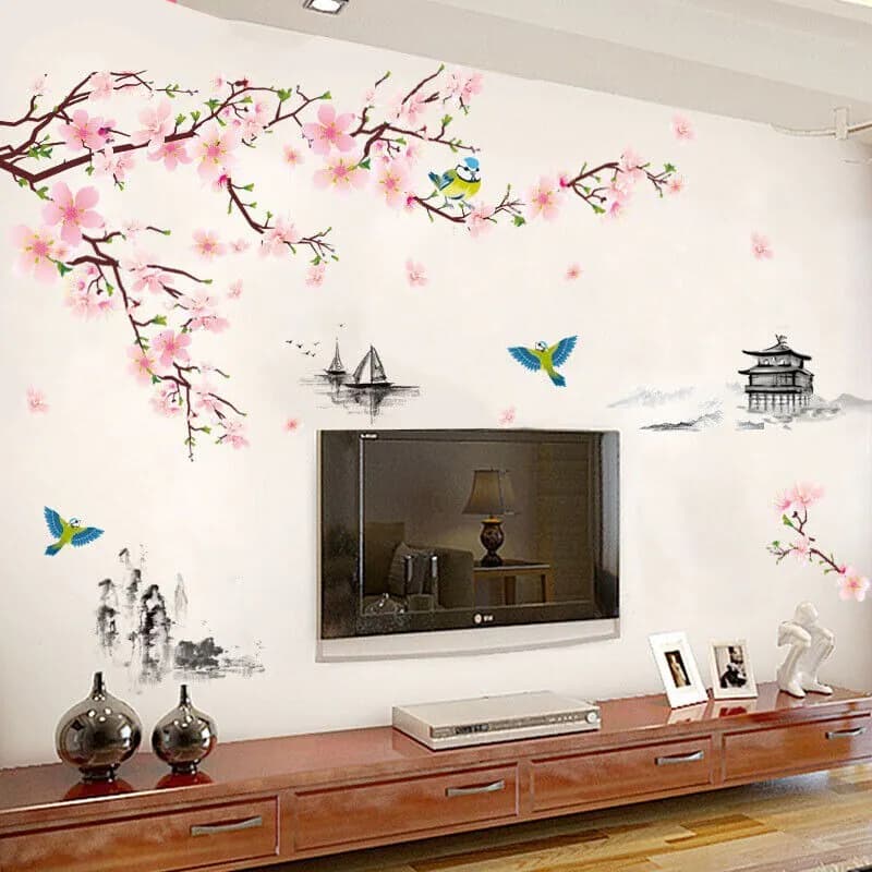 Große rosa Blüte Wandaufkleber Wohndeko Blüte Vogel Baum Ast Wandbild Aufkleber