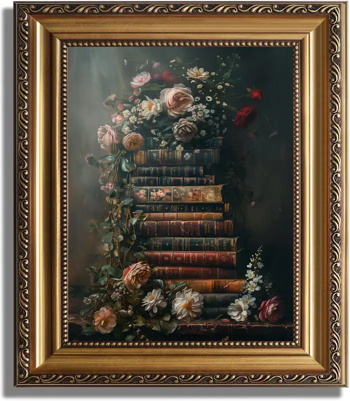 Gerahmtes Vintage Blumen Wandbild - Stimmungsvolle Blumen Bücher Kunst