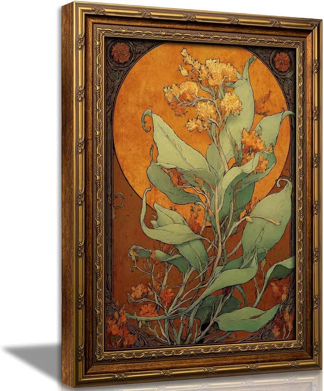 Vintage Wandbild Gold gerahmt, Jugendstil botanische Blumen Leinwand