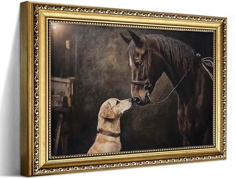 Pferd und Hund Gold gerahmtes Wandbild Leinwandbild, rustikales Bauernhaus Bild