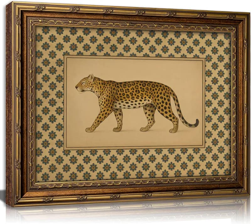 Vintage Gold gerahmter Leopard Wandbild, antiker botanischer Tier