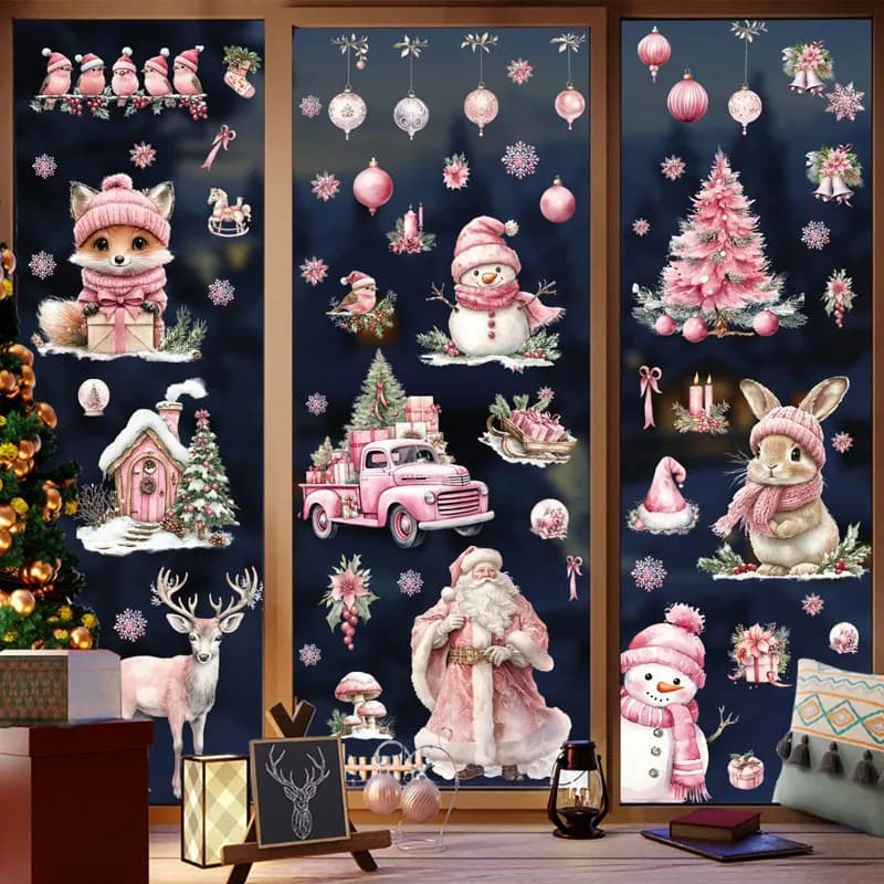 Rosa Weihnachten Fenster Aufkleber Cling Xmas Santa Tier Aufkleber Wand Home