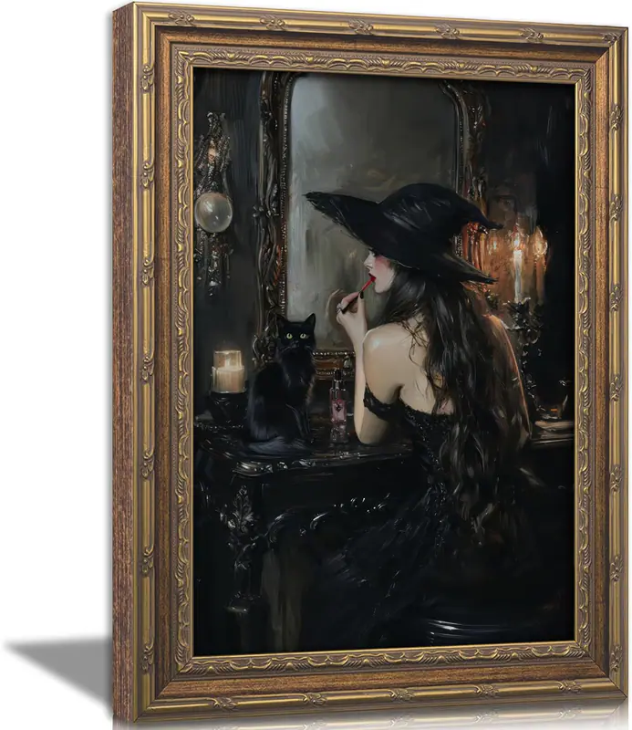 Vintage Gold gerahmtes gotisches Wandbild, Hexe und schwarze Katze Ölgemälde
