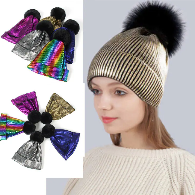 Glänzende Pailletten Damen Mützen warm Strick Häkel Bommel Beanie Totenkopf