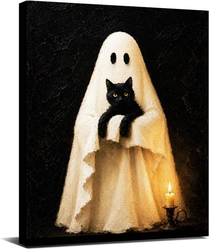 Geist und schwarze Katze Halloween Wandbild dunkle Akademie Dekor gerahmte