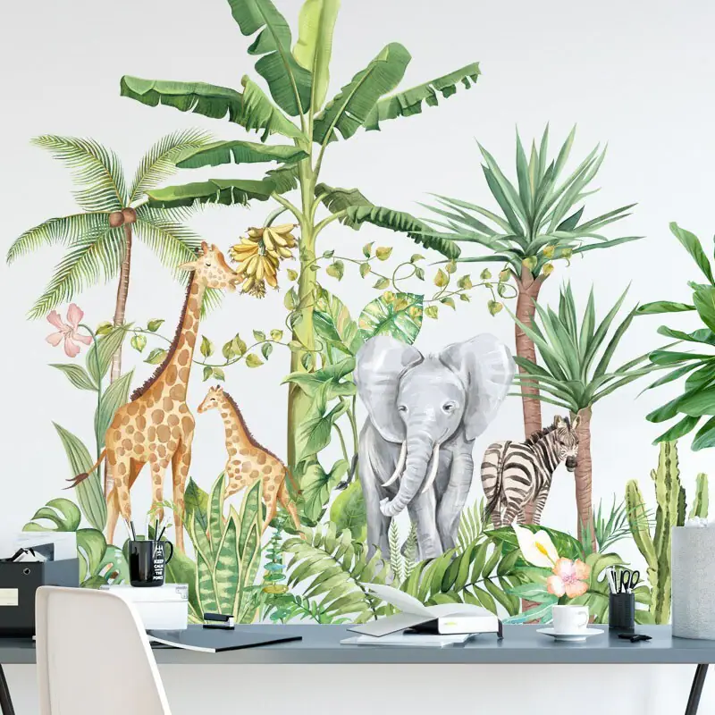 Großes Dschungel Tier Aufkleber Giraffe Elefant Wandsticker Kinderzimmer Zimmer