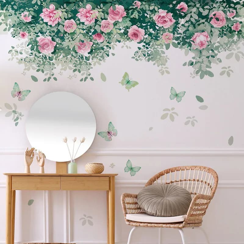 Romantische rosa Blumen Wandaufkleber Schmetterling Blätter Wohndeko