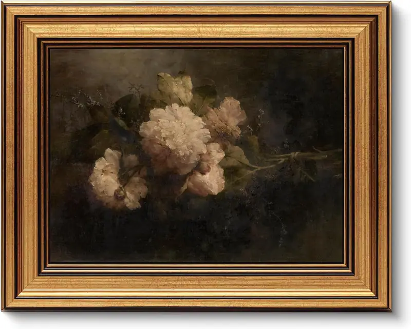Vintage Gold gerahmt Stimmungsvolle Blumen Wandkunst, dunkle Blume Ölgemälde – neu – Sonstiges – Foto 1 von 5