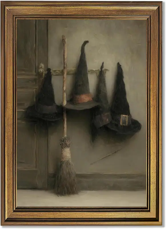 Gold gerahmtes Halloween Wandbild Vintage Hexenhüte und Hexenbesen Leinwandbild – neu – Antiquitäten – Foto 1 von 5