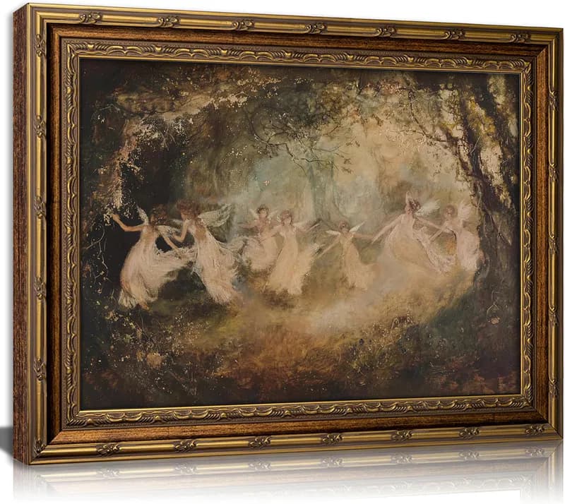 Vintage Gold gerahmte Fee Wandbild, Dark Academia Wald tanzende Feen Leinwand