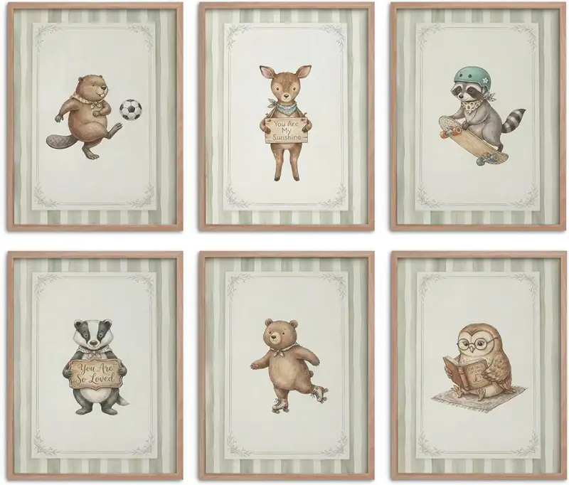 Vintage Wandbild Salbeigrün Waldtiere Kinderzimmer