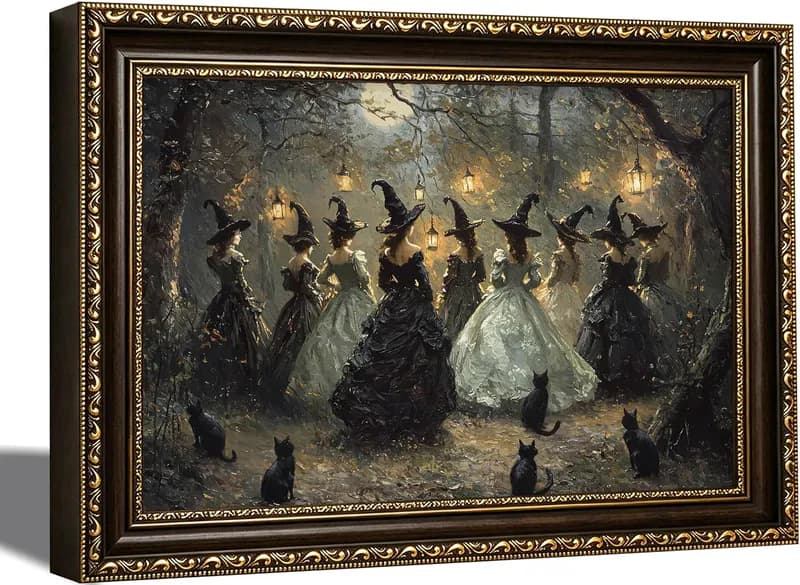 Vintage Gold gerahmt, Halloween Bild, Mitternachtsversammlung der Hexen und