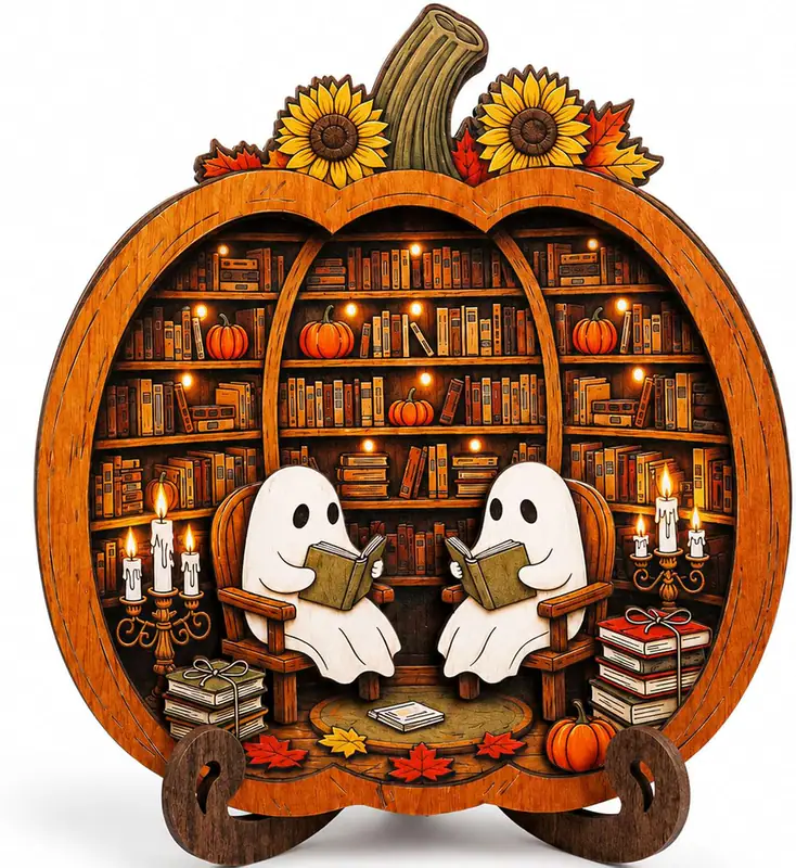 Halloween Kürbis Deko süßes Gespenst Lesebuch, Holzgespenst Deko für Bücherregal