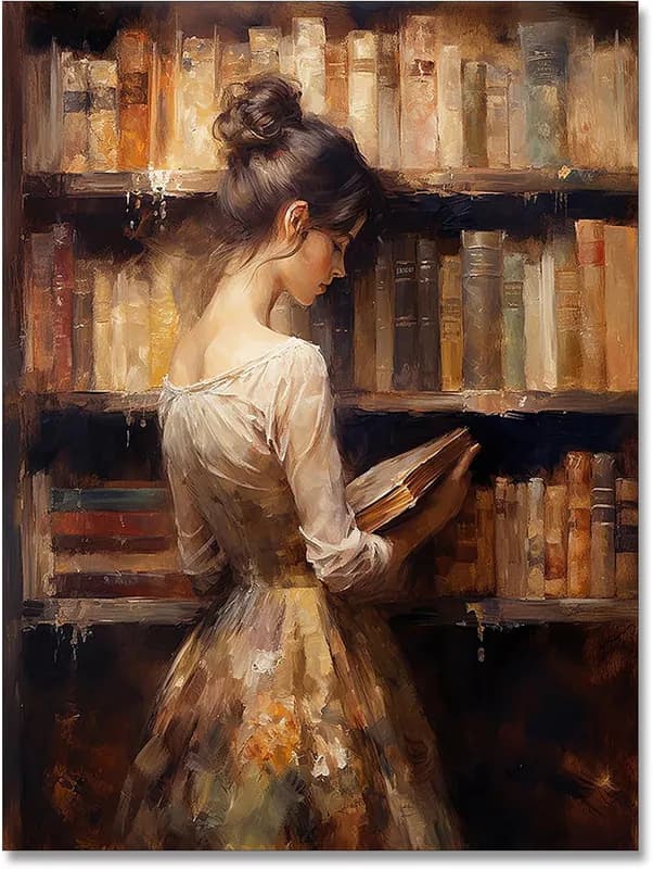 Vintage Portrait Ölgemälde Wandbild Retro Bibliothek Mädchen liest altes Buch