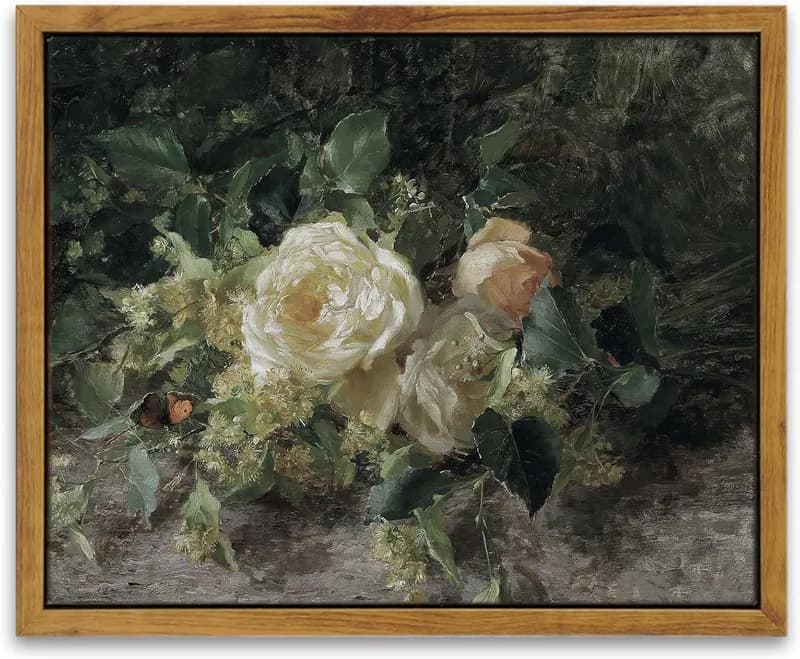 Gerahmtes Wandbild Vintage weiße Rose Blumen Ölgemälde 8 x 10 Zoll