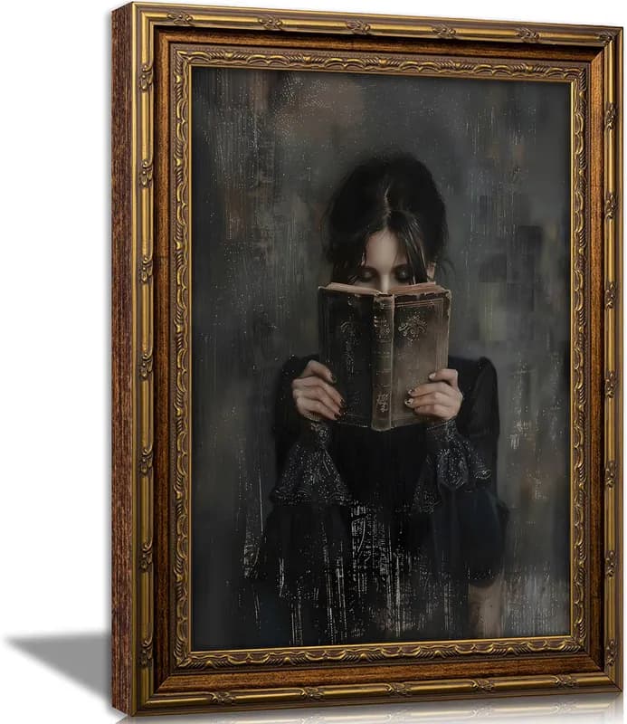 Vintage Wandbild Frau mit Goldrahmen liest, Stimmungsvolle Frau liest Buch