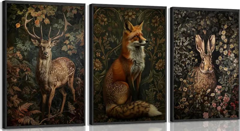3 Stück Magische Waldtiere Poster Wandbild Dark Academy Wildlife Malerei Bild