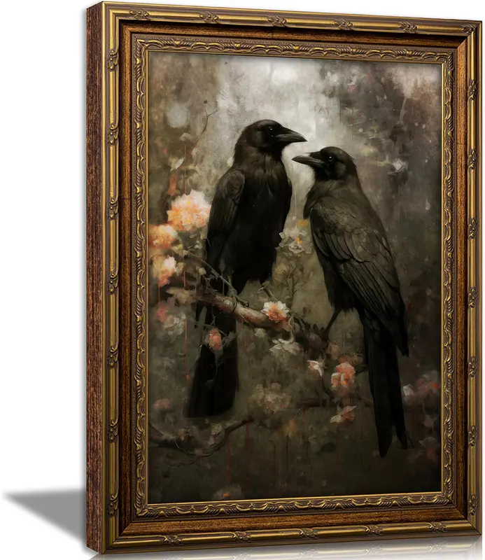 Vintage Gold gerahmte Krähe Wandbild, Gothic Rabe Blumen Leinwandbilder, dunkle